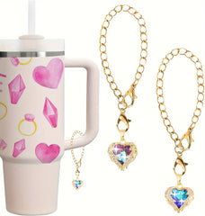 2pcs/pack Heart-Shaped Crystal Charms For Tumblers, 0.59inch Golden Chain Cup Accessories, Beverage Identifier For Stanley Cups