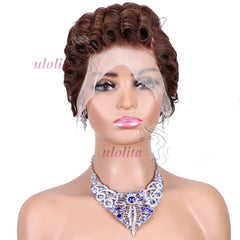 Short Curly Wigs Transparent 13x4 Lace Frontal Wig Natural Burgundy Piano Color Human Hair Wigs for Balck Women Perruque Catalin