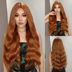 ALAN EATON Ombre Honey Brown Wigs Long Wavy Synthetic Wigs Middle Part Layered Hair Heat Resistant Realistic Fiber Wig Daily Use
