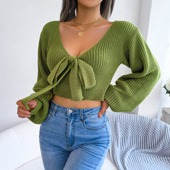 Women Sweater 2023 Fall Casual Sexy Bow Long Sleeve Knitted Pullovers Crop Top