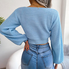Women Sweater 2023 Fall Casual Sexy Bow Long Sleeve Knitted Pullovers Crop Top