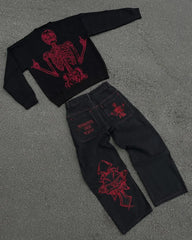 Hip Hop Y2K Jeans Mens  Retro Skull Embroidery Washed Women's Denim Pants New Straight Casual Loose Wide Leg Trouser Streetwear