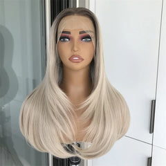 Highlight Blonde Layered Wig Synthetic Lace Front Wig for Women Straight Chocolate Brown Colored Pre Plucked Lace Wig Black