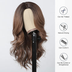 ALAN EATON Ombre Honey Brown Wigs Long Wavy Synthetic Wigs Middle Part Layered Hair Heat Resistant Realistic Fiber Wig Daily Use