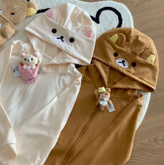 Rilakkuma Cute Cartoon Hoodie Zip-up Hoodie Teddy Bear Ears Long Sleeve Jacket Fashion Women's Casual Cardigan Cotton Clothing