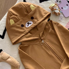 Rilakkuma Cute Cartoon Hoodie Zip-up Hoodie Teddy Bear Ears Long Sleeve Jacket Fashion Women's Casual Cardigan Cotton Clothing