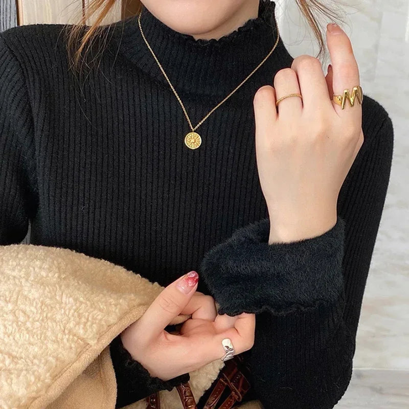 Autumn Winter Women Ruffles Turtleneck Sweater Thicken Warm Thermal Pullover For Women Sweater 2024