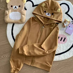 Rilakkuma Cute Cartoon Hoodie Zip-up Hoodie Teddy Bear Ears Long Sleeve Jacket Fashion Women's Casual Cardigan Cotton Clothing