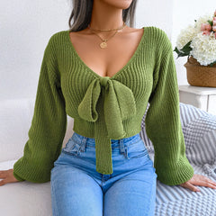 Women Sweater 2023 Fall Casual Sexy Bow Long Sleeve Knitted Pullovers Crop Top