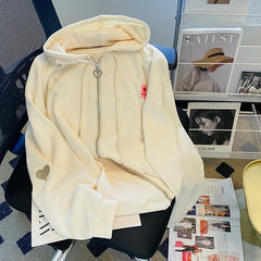 Chic Embroidered Hooded Korean Sweatshirt Women's Cardigan Autumn Thin Coat with Zipper Apricot Streetwear Hoodies (Size M-XL)