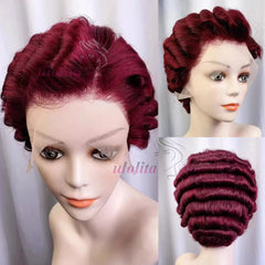 Short Curly Wigs Transparent 13x4 Lace Frontal Wig Natural Burgundy Piano Color Human Hair Wigs for Balck Women Perruque Catalin
