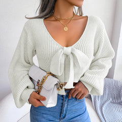 Women Sweater 2023 Fall Casual Sexy Bow Long Sleeve Knitted Pullovers Crop Top