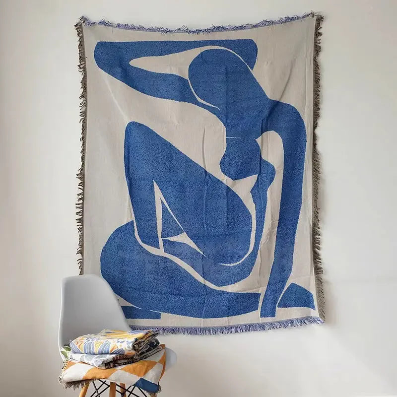 Casual Throw Blankets With Tassels Carpet Sofa Leisure Carpet Tapestry Sofa Blanket Wall Hanging Room Decoration Blue Carpet