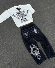 Hip Hop Y2K Jeans Mens  Retro Skull Embroidery Washed Women's Denim Pants New Straight Casual Loose Wide Leg Trouser Streetwear