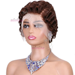 Short Curly Wigs Transparent 13x4 Lace Frontal Wig Natural Burgundy Piano Color Human Hair Wigs for Balck Women Perruque Catalin