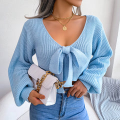 Women Sweater 2023 Fall Casual Sexy Bow Long Sleeve Knitted Pullovers Crop Top