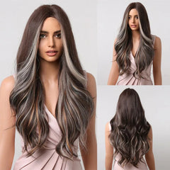 ALAN EATON Ombre Honey Brown Wigs Long Wavy Synthetic Wigs Middle Part Layered Hair Heat Resistant Realistic Fiber Wig Daily Use