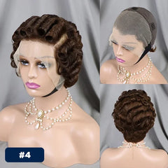 Short Curly Wigs Transparent 13x4 Lace Frontal Wig Natural Burgundy Piano Color Human Hair Wigs for Balck Women Perruque Catalin