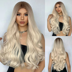 ALAN EATON Ombre Honey Brown Wigs Long Wavy Synthetic Wigs Middle Part Layered Hair Heat Resistant Realistic Fiber Wig Daily Use
