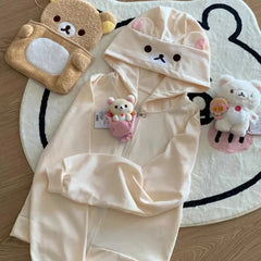 Rilakkuma Cute Cartoon Hoodie Zip-up Hoodie Teddy Bear Ears Long Sleeve Jacket Fashion Women's Casual Cardigan Cotton Clothing