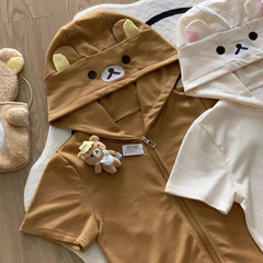 Rilakkuma Cute Cartoon Hoodie Zip-up Hoodie Teddy Bear Ears Long Sleeve Jacket Fashion Women's Casual Cardigan Cotton Clothing