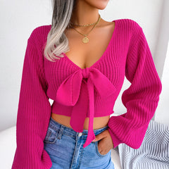 Women Sweater 2023 Fall Casual Sexy Bow Long Sleeve Knitted Pullovers Crop Top