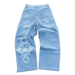 Hip Hop Y2K Jeans Mens  Retro Skull Embroidery Washed Women's Denim Pants New Straight Casual Loose Wide Leg Trouser Streetwear