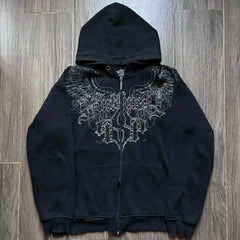 Y2K Fashion Hoodie New Gothic Oversize Pattern Print Embroidery Zipper Hoodie Coat Womens Loose Sweatshirt Couple Casual Hoodie