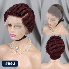 Short Curly Wigs Transparent 13x4 Lace Frontal Wig Natural Burgundy Piano Color Human Hair Wigs for Balck Women Perruque Catalin