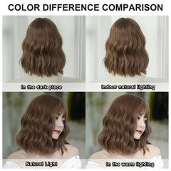 7JHH WIGS Shoulder Length Brown Wig for Women Daily Use High Density Synthetic Layered Brown Bob Wigs with Air Bangs