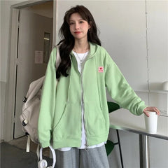 Chic Embroidered Hooded Korean Sweatshirt Women's Cardigan Autumn Thin Coat with Zipper Apricot Streetwear Hoodies (Size M-XL)