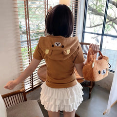 Rilakkuma Cute Cartoon Hoodie Zip-up Hoodie Teddy Bear Ears Long Sleeve Jacket Fashion Women's Casual Cardigan Cotton Clothing