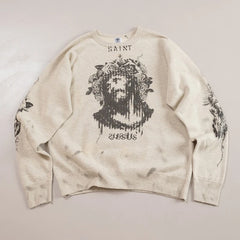 Winter Series SAINT Round Neck Oversized Men Sweater ARIES Print Beige Vintage Pullover Streetwear