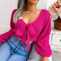 Women Sweater 2023 Fall Casual Sexy Bow Long Sleeve Knitted Pullovers Crop Top