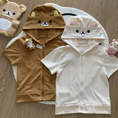 Rilakkuma Cute Cartoon Hoodie Zip-up Hoodie Teddy Bear Ears Long Sleeve Jacket Fashion Women's Casual Cardigan Cotton Clothing