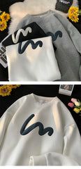 Korean Men Sweatshirt Waffle Fabric Crew Neck Sweatshirts Wave Print Casual Loose Sports Pullovers Streetwear Hoodie