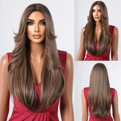 ALAN EATON Ombre Honey Brown Wigs Long Wavy Synthetic Wigs Middle Part Layered Hair Heat Resistant Realistic Fiber Wig Daily Use