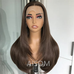Highlight Blonde Layered Wig Synthetic Lace Front Wig for Women Straight Chocolate Brown Colored Pre Plucked Lace Wig Black