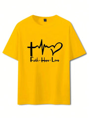 Men's Summer 100% Cotton Fashionable Casual Loose Large Size FAITH HOPE LOVE Printed Sports Round Neck Short Sleeve T-shirt Top