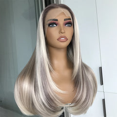 Highlight Blonde Layered Wig Synthetic Lace Front Wig for Women Straight Chocolate Brown Colored Pre Plucked Lace Wig Black