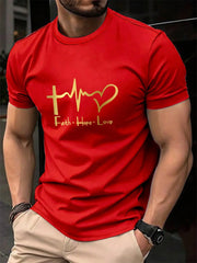 Men's Summer 100% Cotton Fashionable Casual Loose Large Size FAITH HOPE LOVE Printed Sports Round Neck Short Sleeve T-shirt Top