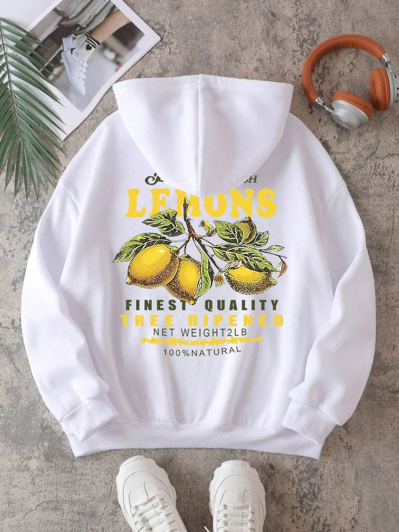 Premium Fresh Lemons Hoodies Womens Fruit Printing Sweatshirts Warm Fleece Tops Soft Comfortable Pullovers Casual Female Clothes