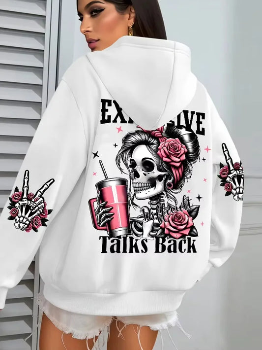 Expensive Talks Back Letter Print Hoodies Women Loose Comfortable Casual Pullover Skull Design Sweatshirt Harajuku Tops Clothing