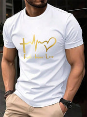 Men's Summer 100% Cotton Fashionable Casual Loose Large Size FAITH HOPE LOVE Printed Sports Round Neck Short Sleeve T-shirt Top