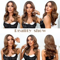 ALAN EATON Ombre Honey Brown Wigs Long Wavy Synthetic Wigs Middle Part Layered Hair Heat Resistant Realistic Fiber Wig Daily Use