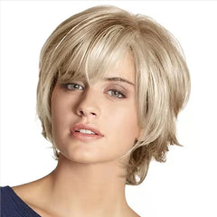 HAIRJOY Short Blonde Wig with Bangs Blonde Mix Brown Wigs for White Women Fluffy Synthetic Hair Womens Wigs