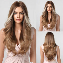 ALAN EATON Ombre Honey Brown Wigs Long Wavy Synthetic Wigs Middle Part Layered Hair Heat Resistant Realistic Fiber Wig Daily Use
