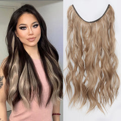 Synthetic Long Wavy No Clip Hair Extension Brown Artificial Fish Line False Hairpiece Natural Hair for Women Heat Resistant
