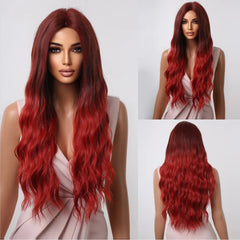 ALAN EATON Ombre Honey Brown Wigs Long Wavy Synthetic Wigs Middle Part Layered Hair Heat Resistant Realistic Fiber Wig Daily Use