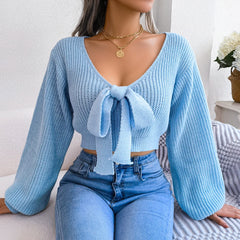 Women Sweater 2023 Fall Casual Sexy Bow Long Sleeve Knitted Pullovers Crop Top